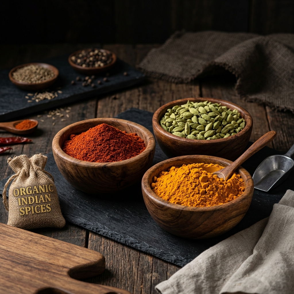 Colorful Indian spices including turmeric and chili powder in wooden bowls